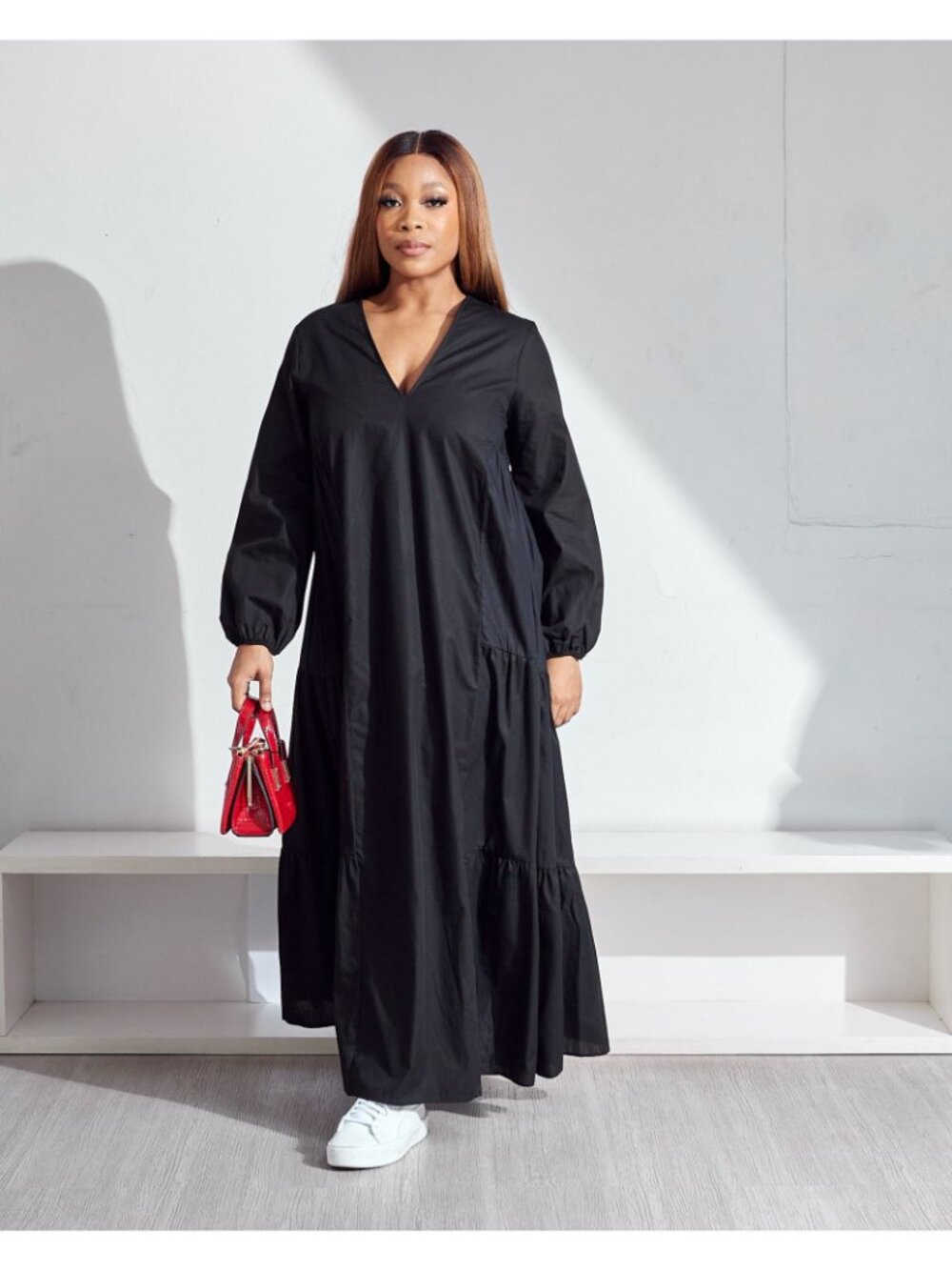 Zara Tiered Maxi Dress Size Small Black 100% Cotton Long Sleeve V Neck - Picture 3 of 14